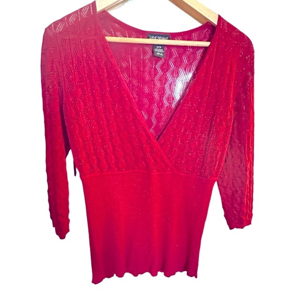 5 for $40 SALE! Lane Bryant Red V Neck Sparkly Loose Knit Ribbed Bodice Top 14 - Picture 1 of 11